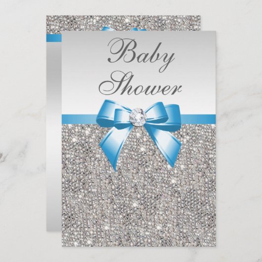 Imitatsilberne Sequins-blaues Baby-Dusche Einladung (Vorne/Hinten)