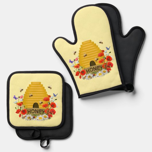 Imker Beehive Honey Ofenhandschuh & Topflappen-Set (Vorderseite/Rückseite)