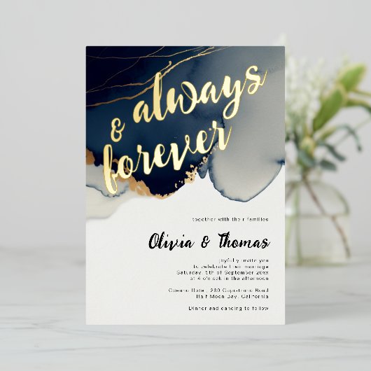 Immer für Navy Blue Modern Boho Beach Hochzeit Folieneinladung (Stehend vorne)