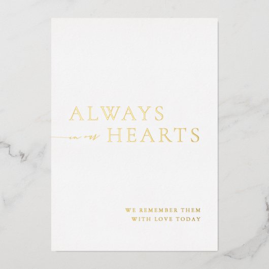 Immer in unserem Herzen Minimalistische Hochzeitsz Folieneinladung (Vorderseite)