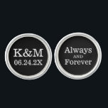 Immer und für immer ein Schwarzes Monogramm Groom Manschetten Knöpfe<br><div class="desc">Personalisiertes Hochzeitskuffeldesign für den Bräutigam mit einem Monogramm der Initialen des Paares und dem Hochzeitsdatum mit "Immer und für immer" Formulierung.  Schwarzer Hintergrund und weiße Textfarben können so verändert werden,  dass sie mit jedem Hochzeitsfarbschema koordiniert werden.</div>
