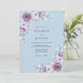 Immergrün-Amethyst-Blüten-Hochzeit Einladung (Stehend Vorderseite)