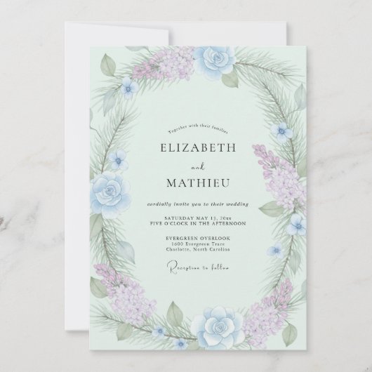 Immergrün-Amethyst-Kranz-Hochzeit Einladung (Vorderseite)