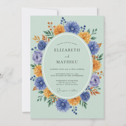 Immergrün Bernstein Zinnia Eukalyptus Hochzeit Einladung (Vorderseite)