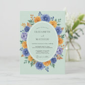 Immergrün Bernstein Zinnia Eukalyptus Hochzeit Einladung (Stehend Vorderseite)