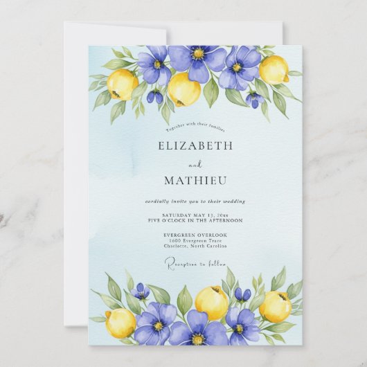 Immergrün Blaue Lebendige Zitrus Hochzeit Einladung (Vorderseite)