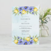 Immergrün Blaue Lebendige Zitrus Hochzeit Einladung (Stehend Vorderseite)