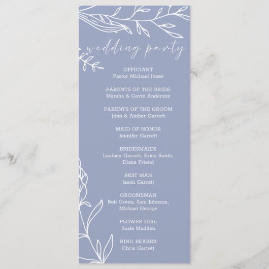 Immergrün-Blumen Einfaches Hochzeitsprogramm Programm (Rückseite)