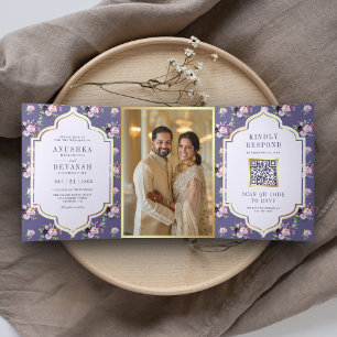 Immergrün-Blumenmuster-QR-Code Indische Hochzeit Dreifach Gefaltete Einladung
