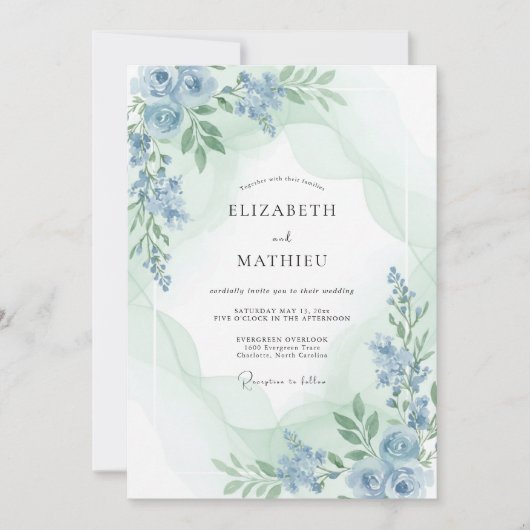 Immergrün-Celadon-Pfingstrosen-Hochzeit Einladung (Vorderseite)