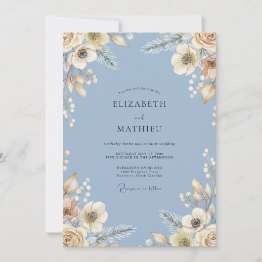 Immergrün-Creme-Blüten-Hochzeit Einladung (Vorderseite)