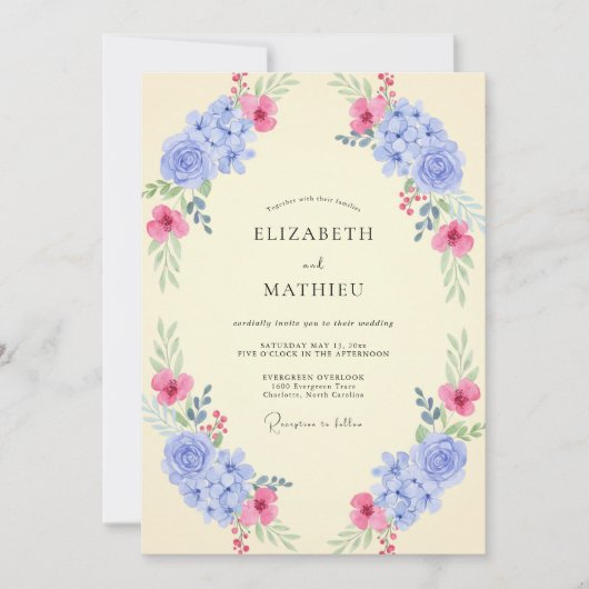 Immergrün Fuchsien Hortensien Eukalyptus Hochzeit Einladung (Vorderseite)