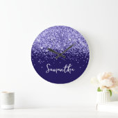 Immergrün Glitter Dunkelblaue Schrift Name Große Wanduhr (Zuhause)
