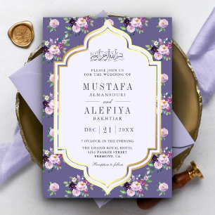 Immergrün Gold Lila Blumen Muslimische Hochzeit Einladung