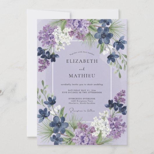 Immergrün-Indigo-Wildblumen-Hochzeit Einladung (Vorderseite)