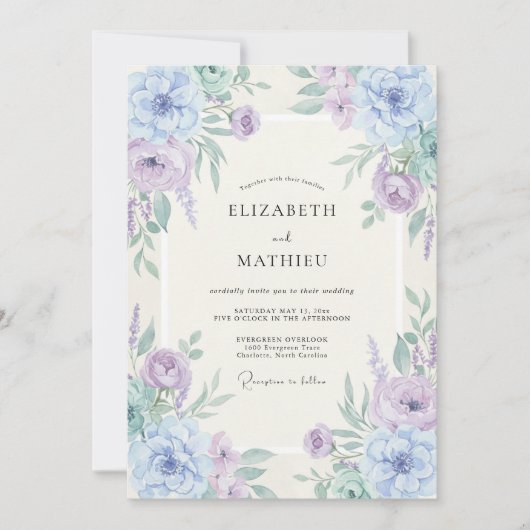 Immergrün-Lavendel-Blumen Hochzeit Romantik Einladung (Vorderseite)