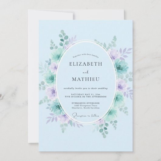 Immergrün-Lavendel-Kranz-Hochzeit Einladung (Vorderseite)