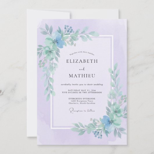 Immergrün-Lila-Blatt-Hochzeit Einladung (Vorderseite)