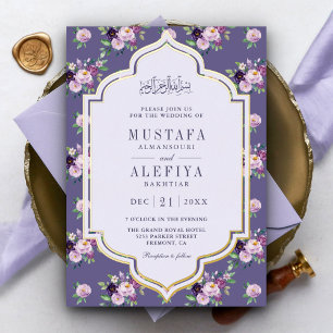 Immergrün Lila Blumen Muslimische Hochzeit Gold Folieneinladung