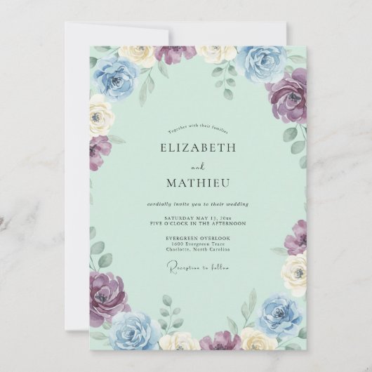 Immergrün-Lila-Blüten-Hochzeit Einladung (Vorderseite)