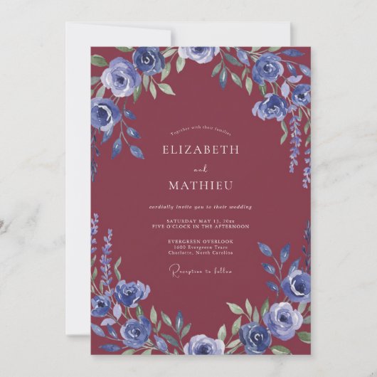 Immergrün-Malven-Blüten-Hochzeit Einladung (Vorderseite)