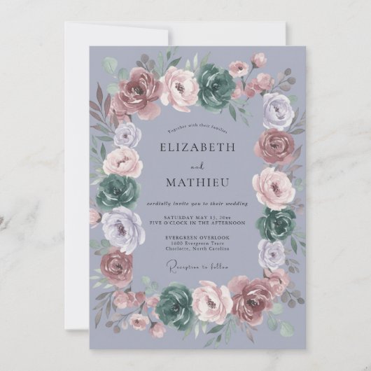 Immergrün-Malven-Pfingstrosen-Hochzeit Einladung (Vorderseite)