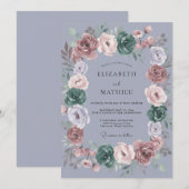 Immergrün-Malven-Pfingstrosen-Hochzeit Einladung (Vorne/Hinten)