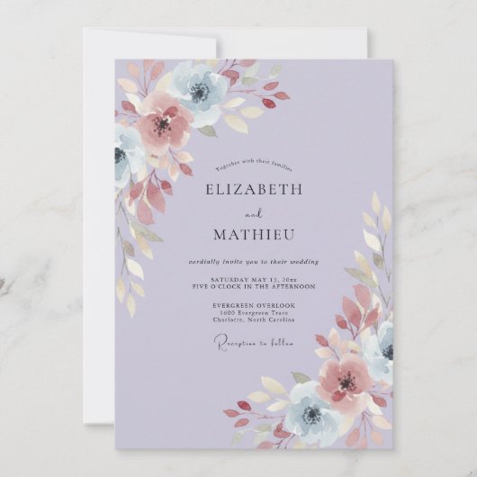 Immergrün-Malven-Ranunculus-Eukalyptus-Hochzeit Einladung (Vorderseite)