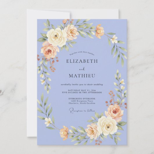 Immergrün-Pfirsich-Kranz-Hochzeit Einladung (Vorderseite)