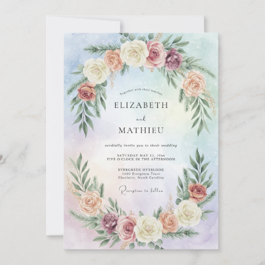 Immergrün Pfirsichblüten-Hochzeit Einladung (Vorderseite)