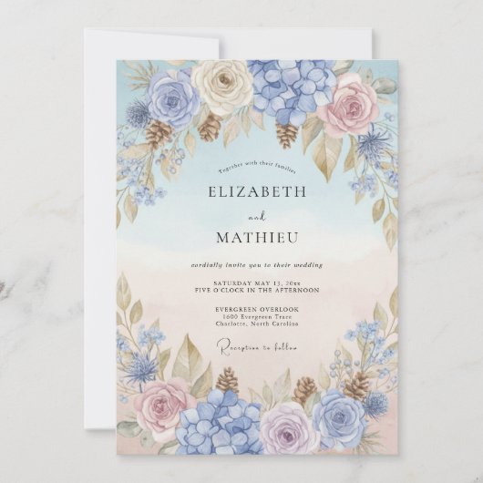Immergrün-Rosa-Petal-Hochzeit Einladung (Vorderseite)