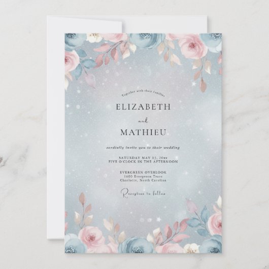 Immergrün-Rosa-Rosen-Hochzeit Einladung (Vorderseite)