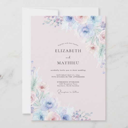 Immergrün-Rosa-Wildblumen-Hochzeit Einladung (Vorderseite)