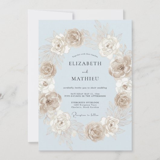 Immergrün-Rosé-Blumenkranz-Hochzeit Einladung (Vorderseite)