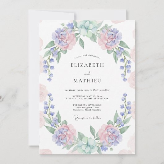 Immergrün-Rosé-Kranz-Hochzeit Einladung (Vorderseite)