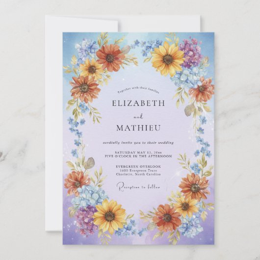 Immergrün-Sonnenblumen-Kranz-Hochzeit Einladung (Vorderseite)