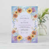 Immergrün-Sonnenblumen-Kranz-Hochzeit Einladung (Stehend Vorderseite)