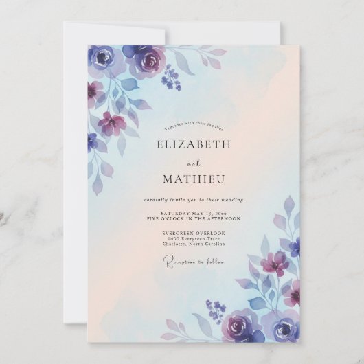Immergrün-violette Blütenblattrat Hochzeit Einladung (Vorderseite)