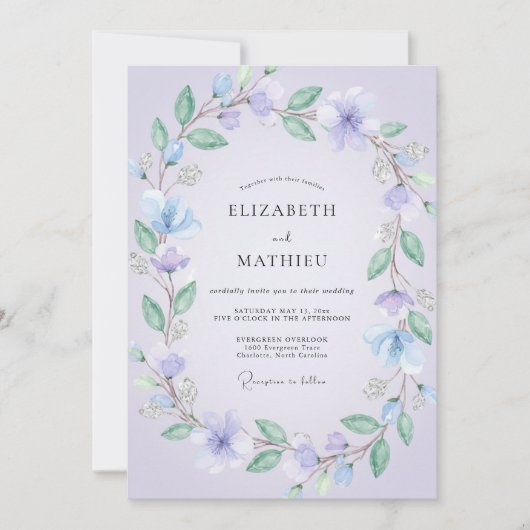 Immergrün-violette Eukalyptus-Hochzeit Einladung (Vorderseite)