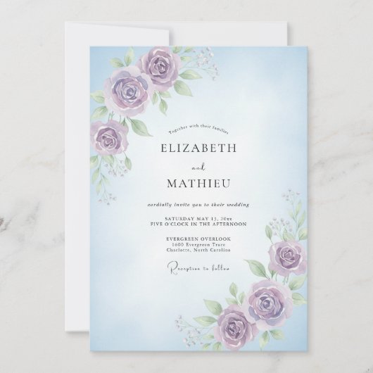 Immergrün-violette Ranunculus-Eukalyptus-Hochzeit Einladung (Vorderseite)