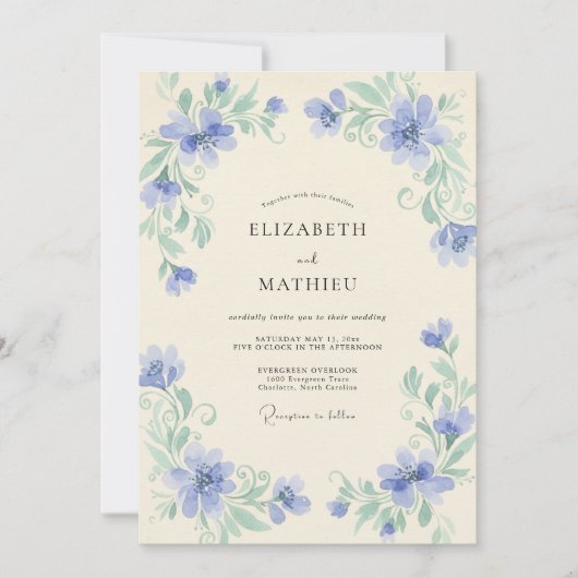 Immergrün-Wildblumen-Hochzeit Einladung (Vorderseite)