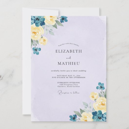 Immergrünblaue Blütenhochzeit Einladung (Vorderseite)