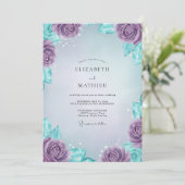 Immergrünblaue Pfingstrosen-Hochzeit Einladung (Stehend Vorderseite)