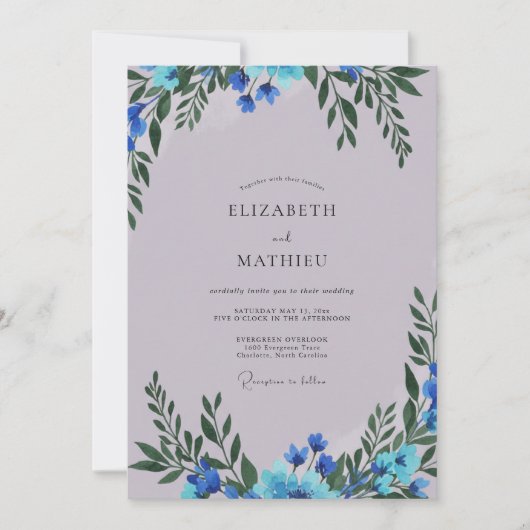 Immergrünblaue Wildblumenhochzeit Einladung (Vorderseite)