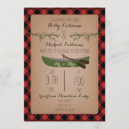 Immergrüne Bäume + Kanu-karierte Hochzeit Einladung