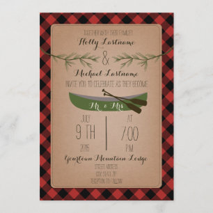 Immergrüne Bäume + Kanu-karierte Hochzeit Einladung