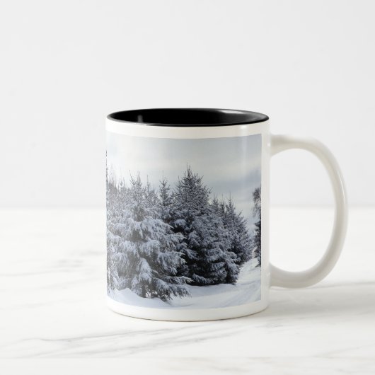 Immergrüne Bäume und Straße im Schnee Zweifarbige Tasse (Rechts)