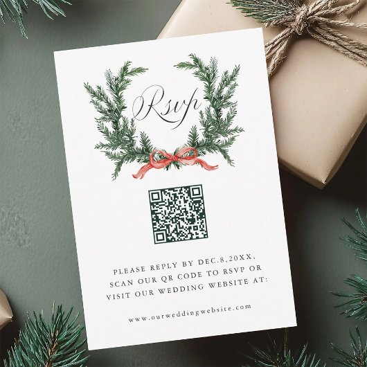 Immergrüner Kiefern-Kranz Hochzeits-QR-Code RSVP Karte