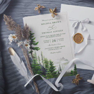 Immergrüner Wald Rustikale Berg QR-Code-Hochzeit Einladung