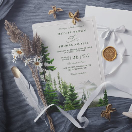 Immergrüner Wald Rustikale Berg QR-Code-Hochzeit Einladung